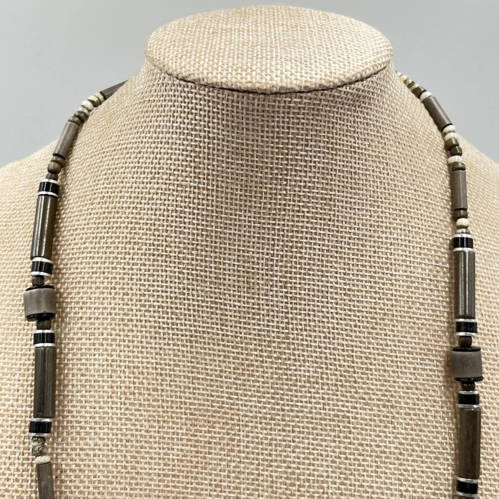 Vintage Retro Earthy Grey Stone & Wood Tube Bead Necklace‎ Boho Tribal Style